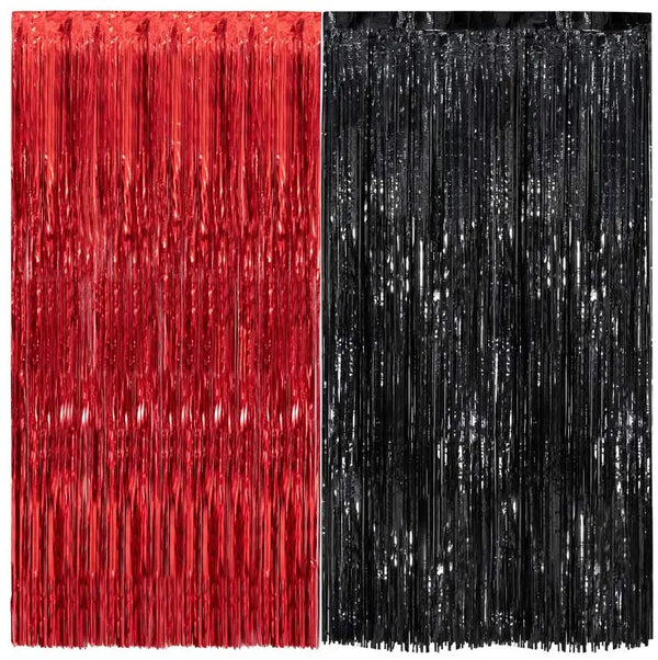 Black and Red Metallic Tinsel Foil Fringe Curtains Backdrop