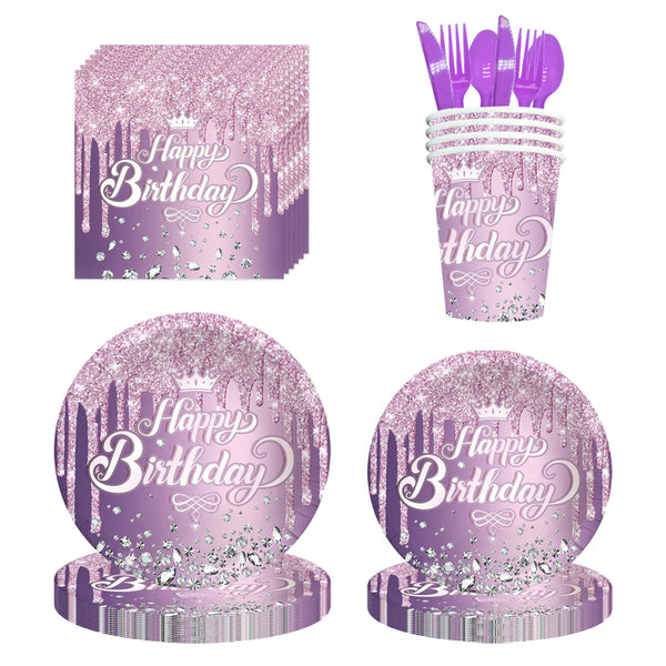 Purple Diamond Happy Birthday Tablecloth Banner Tableware