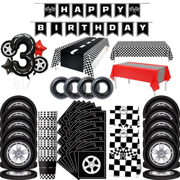 Wheel Tire Disposable Tableware Checkered Tablecloth Racing Car Birthday Party Decor Supplies For 1 2 3 4 5 6 Years