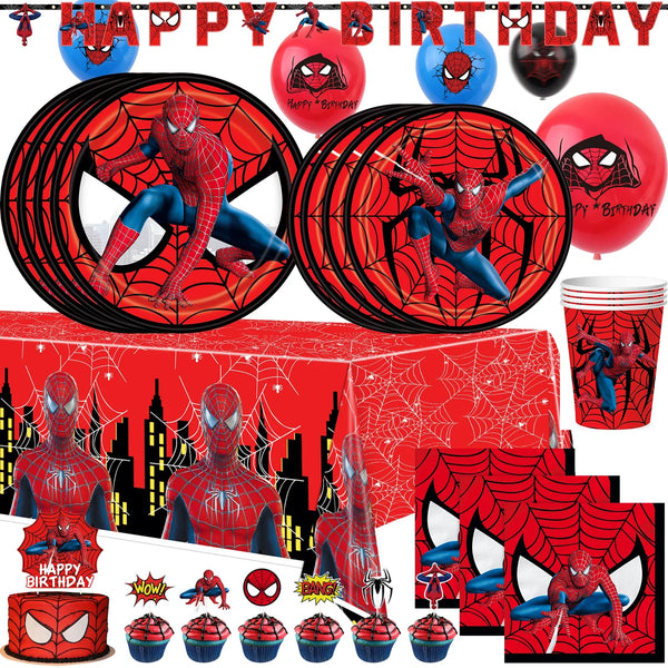 Spiderman Party Supplies Include Paper Cups Plates Balloons Tablecloth Cake Toppers