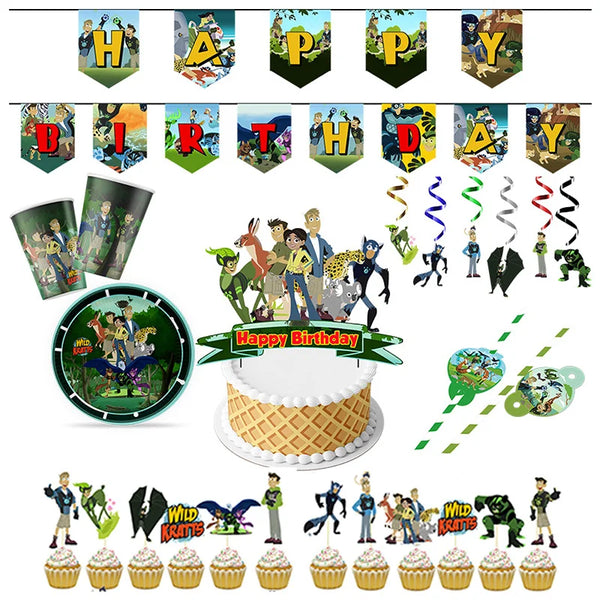 Wild Kratts Cartoon Birthday Party Decoration Plate Honeycomb straws Napkins Banner Cake Topper