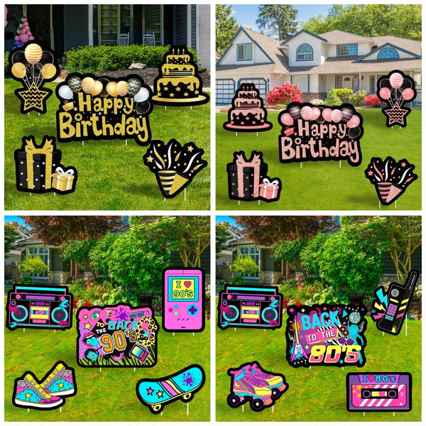 5 Pcs Happy Birthday and Retro Yard Sign back to 80S/90S Theme