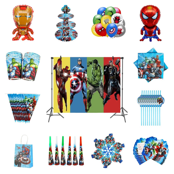 Avengers Superhero Themed Birthday Party Disposable Cutlery Set With Balloon Decoration Background