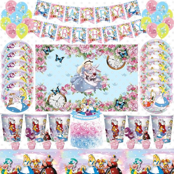 Alice In Wonderland Birthday Party Decoration Disposable Tableware Cup Plate Paper Balloon