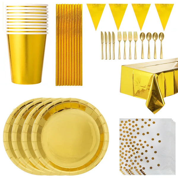 Gold Disposable Paper Plates Cups Straw napkins cakestand Tableware