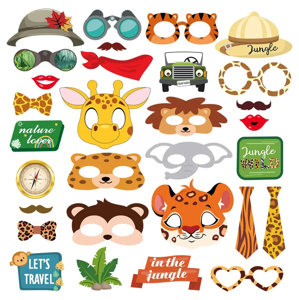 30 Pcs Jungle Safari Woodland Animal Theme Party Photo Booth Props