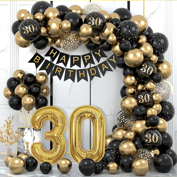 30th Happy Birthday Garland Balloons Black Gold 12inch Balloon