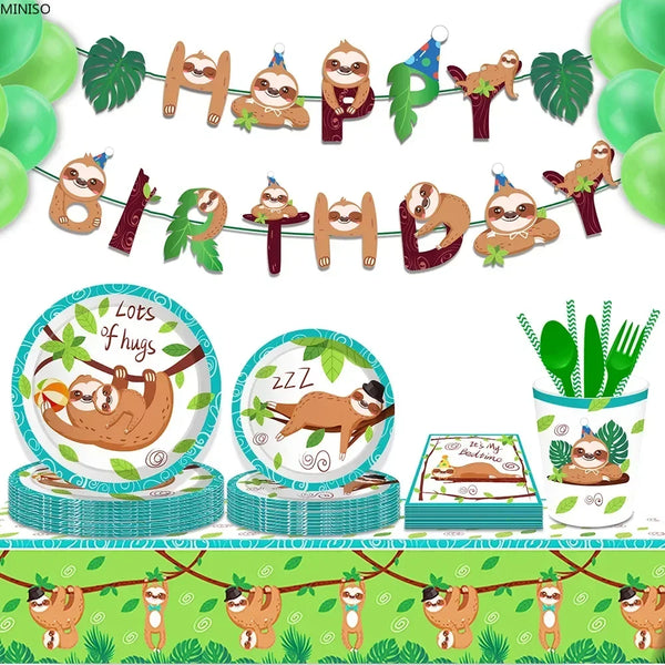 Sloth Jungle Birthday Party Disposable Tableware Sets Banner Backdrops Wild