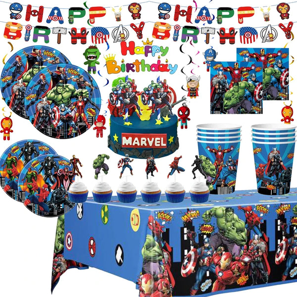 Super Hero Avengers Birthday Banner Table cover Plates Napkin