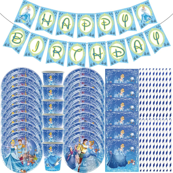 Cinderella Theme Paper Cup Plate Tablecloth Kids Birthday Party Banner Decor Balloons