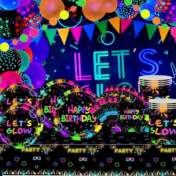 Glow In The Dark Neon party Birthday Decoration Disposable Paper Plates Plastic Tablecothe Latex Balloons Straw Gift Bag Cake