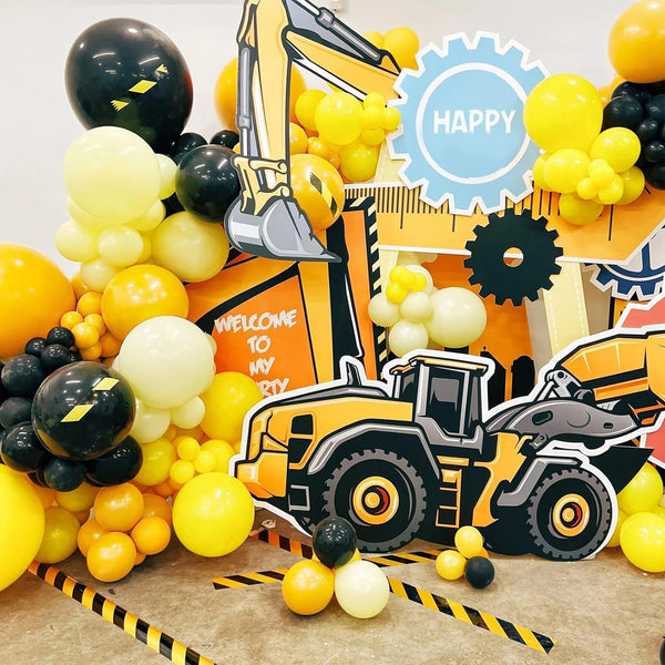 Construction vehicle party balloon set, 166 pieces orange black balloon excavator truck