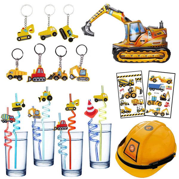 Construction Party Favors Truck Drinking Straws Excavator Bulldozer Keychains