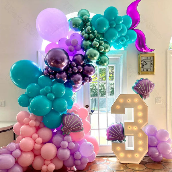 Mermaid Birthday Balloon Arch Foil Lake Blue Pink Purple Shell Mermaid Tail