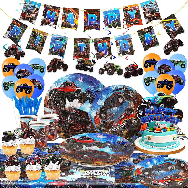 Monster Truck Birthday Party Paper Plates Cup Napkin Tablecloth Balloon Hanging Swirls Banner