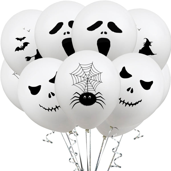 12 Inch Halloween Printed White Balloons - Pack